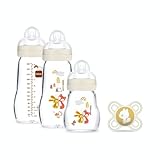 MAM Set (3 Glasflaschen + 1 Lutscher) - Hitzebeständig - Glasflasche für Säuglinge ab Geburt aus Silikon