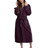 Damen Morgenmantel, Flanell, weich, warm, flauschig, mit Kapuze, lang, Fleece, Bademantel, violett, S