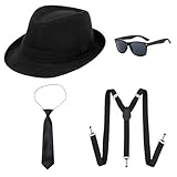 UILYNIU 4 Stück Mafia Gatsby Gangster Kostüm Herren, 1920s Jahre Herren Accessoires Hut Gläser Krawatte Hosenträger, Panama Gangster Hut Erwachsene Kostüm fur Halloween Karneval Kostümparty