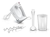 Bosch Handrührer MFQ3540, Handrührgerät, 2 Rührbesen, 2 Edelstahl-Knethaken, spülmaschinengeeignet, 5 Stufen, Pürierstab, Mixbecher, 450 W, weiß