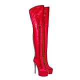 Fandimeier Damen Hot Pink Schwarz Lange Stiefel oberhalb des Knies Oberschenkelhohe Stiefel Rücken Reißverschluss Lackleder Plateau Schuhe, Rot/Ausflug, einfarbig (Getaway Solids), 43 EU