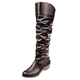 Damenstiefel zum Hineinschlüpfen, quadratisch, einfarbig, hohe Knieschuhe, runde Zehenpartie, Braun - braun - Größe: 37 EU