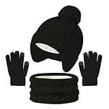 SK Studio Kinder Wintermütze Schal Handschuhe Set Wintermütze Strickmütze Thermo Schal Winterhandschuhe Strickhandschuhe für Mädchen, 3-10 Jahre, schwarz