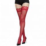 Xfome Style Damen Oberschenkelstrümpfe – Spitze, durchscheinend, hautlang mit Seidenglättungseffekt, Rot, Einheitsgröße