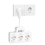 Steckdosenleiste mit USB, Doppelstecker für Steckdose 3 Fach und 4 USB, 7 in 1 Steckdosenadapter, Verteilersteckdose Steckerleiste für Büro, Hause, Reisen