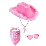 DaPongZhi Rosa Cowboy Hut Damen Set Western Filzhut Mit Federtrimm Herz Brille Und Rosa Bandana Accessoires Cowgirlkostüm Pinker Cowboyhut Für Karneval Cosplay Party Halloween