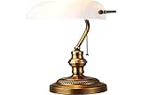 B·LED BARCELONA LED BarcelonaLED Vintage Notar Stil Banker Tischlampe Retro Messing Kupfer mit weißem Glasschirm E27 Kettenschalter für Schreibtisch Büro