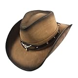 NOPEILVI 58-59 cm Leder Cowboyhut für Männer & Frauen, Cowgirl Sun Hut Outback Wide Rand, Natural.