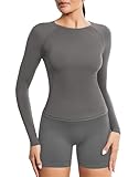 PINSPARK Sportshirt Damen Langarmshirt Rundhals Sport T-Shirt Leicht Atmungsaktiv Funktionsshirt Laufshirt Trainingsshirt Kurz Sportoberteile Fitness Yoga Tops Dunkelgrau S