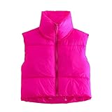 Aopwsrlyi Damen Winter Cropped Puffer Weste Leichte Ärmellose Reißverschluss Weste Baumwolle Gepolsterte Warme Puffy Jacke Oberbekleidung, Knallpink (Hot Pink), S