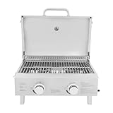 Edelstahl Tragbarer Gasgrill 2 Edelstahlbrennern 55,8 x 45 x 38 cm Campinggrill Tischgrill Klappbaren Beinen Gas Grill für Balkon, Camping, Garten