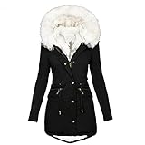 EMATOP Wintermantel Damen Lang Warmer Jacke Baumwolle Einfarbig Wanderjacke mit Kapuze Wintermantel Langarm Elegant Steppmantel Herbst Winter Outdoor Baumwolljacke Kuschelig Winterparka Mantel