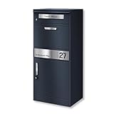 Metzler Briefkasten und Paketbox rostfrei und massiv, paketbox draussen groß XXL, Standbriefkasten modern, Paketkasten, Postbox in RAL7016 Anthrazitgrau mit Namensgravur, Modell Bispo 2