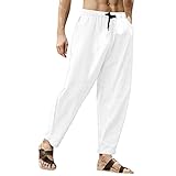 Leinenhose für Herren, leicht, Leinen-Loungehose, elastische Taille, lockere Passform, legere Yogahose, gerade Beine, Sweathose mit Kordelzug, Sommer, Strand, Haremshose, weiß, 4X-Large