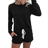 Damen-Pyjama-Set, langärmelig, Tops und Shorts, Nachtwäsche, 2-teilig, Nachtwäsche, Schwarz, Größe XXL, Schwarz, XXL