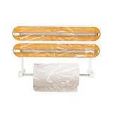 3-in-1 Wandhalterung für Frischhaltefolie, Alufolie & Küchenpapier – Folienhalter mit Schiebeschneider & Klebehaken – Rollenhalter Küche Wandmontage (Bambusfarbe)