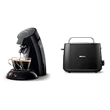 Philips Domestic Appliances HD6553/67 Kaffeepadmaschine, Schwarz & Philips Toaster – 2 Toastschlitze, 8 Stufen, Brötchenaufsatz, Auftaufunktion, Liftfunktion, Abschaltautomatik, schwarz (HD2581/90)