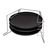 Zenker Pizzaset 4-teilig, 3 x Pizzablech mit Ständer, Pizzabackblech, rund (Ø 29 cm) & beschichtet, für 5 Pizzen & Flammkuchen gleichzeitig im Backofen, Schwarz