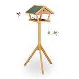 Relaxdays Vogelfutterhaus mit Ständer, groß, wetterfestes Dach, Garten, Holz Vogelhaus HBT 137 x 66 x 59 cm, Natur/grün, 90%, Hellbraun, Dunkelgrün