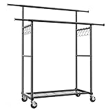 HOKEEPER Kleiderständer Schwerlast-Kleiderstange 204kg Kleiderständer mit Rädern Doppelstab-Garderobenständer zum Aufhängen von Kleidung Tragbarer mit Regalen, schwarz