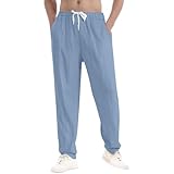 Fccrian Herren-Hose, lockere Leinen, gerade, Baumwolle, Sommer, Freizeithose, atmungsaktive Hose, Glitzer, himmelblau, XL