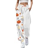 Damen Jogginghose Freizeithose Weicher Halloween Druck Täglicher Winterhose Niedliches Cartoon Design (White, XXL)