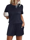 Bresdk Schlafanzug Damen Kurz Pyjama Set Baumwolle Shorty Sommer Nachtwäsche Sexy Schlafanzüge Set Zweiteiler Kurzarm Frauen Rundhals mit Shorts Hausanzug