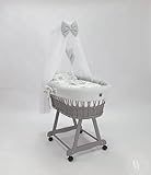 Generic Moseskorb Grau mit Gestell, Matratze Baldachin und Bettwäsche aus Waffelstoff | Leisen Rädern, Stubenwagen (Grau - Igel)