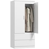 HOMCOM Kleiderschrank mit 2 Soft-Close-Türen Garderobenschrank mit 2 Schubladen, Kleiderstange und 3 Einlegeböden Drehtürenschrank für Schlafzimmer 80 x 55 x 177,5 cm, Weiß