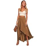 Wickelrock Rock mit Schlitz Damen Elegant High Waist Elastische Vokuhila A-Linie Yoga Lang Sommer Strandrock Maxirock Tanzrock Midirock Braun L