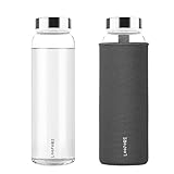 LOOFORE Glasflasche 1 liter / 1l, Wasserflasche Glas 1000ml inkl. Neoprenhülle, BPA freie, Trinkflasche Spülmaschinenfeste, Water Bottle für kohlensäurehaltige Getränke (Dunkelgrau)