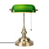 FIRVRE Grün Glas Banker Schreibtischlampe Retro Bankerlampe klassische Bronze Finish Basis E27 Vintage Kette Ziehen Tischleuchte Bibliothekslamp für Büro Studierzimmer Arbeitszimmer Schlafzimme