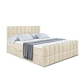 ALTDECOR Boxspringbett mit H3-Matratze (20 cm hoch) mit Bonellfederung + PUR, Topper (5 cm hoch), Polsterbett mit Kopfteil und Bettkasten - Miami-Z - 160x200 - Beige Monolith 04