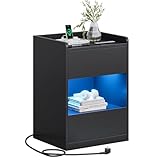 AOGLLATI Nachttisch mit LED-Beleuchtung und Ladestation, Nachtschrank mit 2 Schubladen und 1 Fach Beistelltisch mit Steckdosen Sofatisch für Schlafzimmer, Wohnzimmer 40x35x60cm (1, Schwarz)