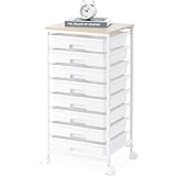 SYKIARIOL Badrollwagen Rollwagen mit 8 Schubladen, Schubladenwagen Rollcontainer mit Holztischplatte für Wohnzimmer Schlafzimmer Büro, großes Fassungsvermögen Bastelwagen, Weiß