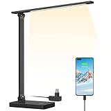 Lepro LED Schreibtischlampe 15W, Dimmbar Tischleuchte 655LM mit 3 Farbmodi & 5 Helligkeitsstufen, USB-Anschluss, Augenschutz Leselampe für Büro, Arbeitszimmer, Nachttisch & Lesen, Schwarz