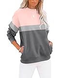 Cuptacc Sweatshirts für Damen Pullover Herbst Langarm Casual Oberteile Damen Farbblock Rundhalsausschnitt Tops Damen Rosa Grau Mittel M 38-40