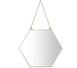 BIASTNR Hängender Wandspiegel, geometrisches Sechseck, klein, Wanddekoration, goldfarbener Spiegel mit Kette, für Heimdekoration, Badezimmer, Schlafzimmer, Wohnzimmer (mittelgroß, 15 x 26 x 30 cm)