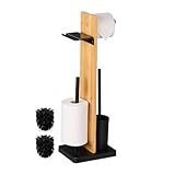 Relaxdays WC Garnitur, Bambus, HBT: 68x27x18 cm, freistehender Klopapierhalter, Ablage, Toilettenbürste, schwarz/Natur