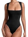 REORIA Damen Sexy ärmelloses doppelt gefüttertes Bodysuit-Tanktop mit quadratischem Ausschnitt Schwarz M