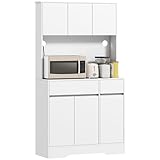 HOMCOM Küchenschrank Buffetschrank mit Arbeitsplatte, 6 Türen, Hochschrank mit Verstellbaren Einlegeböden, Kabellöchern, Mikrowellenschrank Moderner Vorratsschrank, Weiß, 100 x 38 x 180 cm