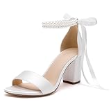 HKMFLYY Damen-Hochzeitsschuhe mit offenem Zehenbereich, Perlen für Braut, High Heels, Sandalen, Satin, Brautschuhe, Blockabsatz, Knöchelriemen, Abschlussball, Abend, Party, Schuhe, Elfenbein, 40 EU