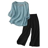Lounge Set Damen Kurz Baumwolle Baumwolle Und Leinen Zweiteiler Damen Sommer Stickerei Rundhals 3/4 Ärmel T-Shirts Casual Vintage Oberteile Und Baggy Schwarze Gerade Hose Mit Kordelzug Zweiteiler