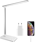 Qualore Schreibtischlampe, LED Tischlampe Dimmbar mit 5 Helligkeitsstufen 5 Farb, USB Anschluss, Auto Timer, Touchpanel, Memory-Funktion, Augenfreundliche Nachttischlampe für Kinder Mädchen