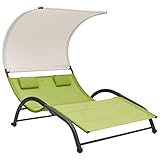 WDGJJFECNMUEHI Doppel-Sonnenliege mit Sonnendach Textilene Grün, Doppelliege für Garten und Balkon, Stahlgestell mit UV-Schutz, 2 Kissen, 190x137x158 cm, Outdoor Lounge Möbel