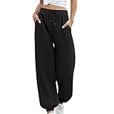 High Waist Jogginghose Damen, Lang Sporthose Baggy Frauen| Jogger Trainingshose Baumwolle mit Tunnelzug und Taschen Einfarbig Laufhose Locker Sport Straight Leg Pants Schlupfhose Freizeithose