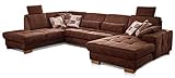 CAVADORE Wohnlandschaft Puccino mit Federkern, verstellbarer Rückenlehne und 2 Kopfstützen / Sofalandschaft in U-Form im Landhaus-Design / 340 x 86 x 224 cm / Mikrofaser braun