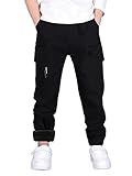 CAMLAKEE Jogginghose Gefüttert Jungen Warme Hosen Kinder Thermohose Winter Fleece Cargohose Schwarz Fleece DE: 164-170 (Herstellergröße 170)