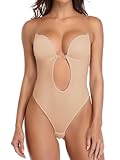 SHAPERIN Damen Rückenfreier Bodysuit Tiefer V-Ausschnitt Body Shaper Bauchweg Formender Body String Shapewear mit Push Up BH, Nude, XL