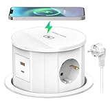 3 Fach Versenkbare Steckdose mit USB C PD20W, Tischsteckdose Einbausteckdose mit 15W Kabelloses Laden für Arbeitsplatte, 2M Kabel, 3680W/16A, Weiß